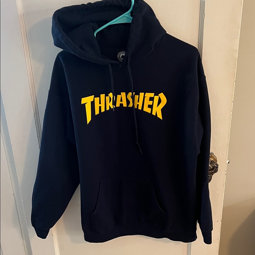 Thrasher Navy Hoodie with Yellow Logo